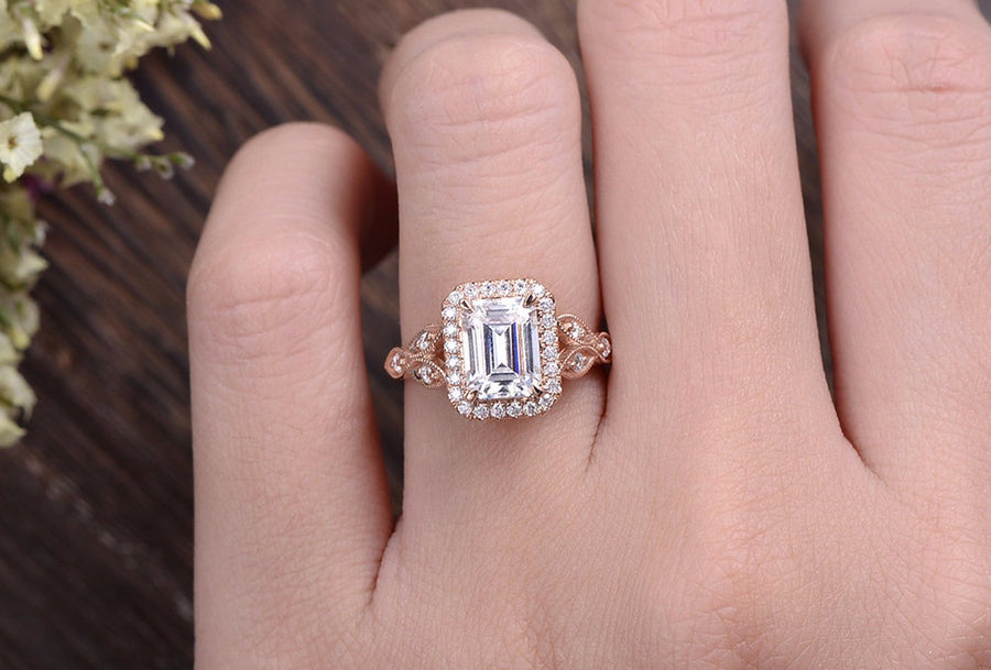 1.0 CT Emerald Cut Halo Moissanite Engagement Ring - Barbara Maison 