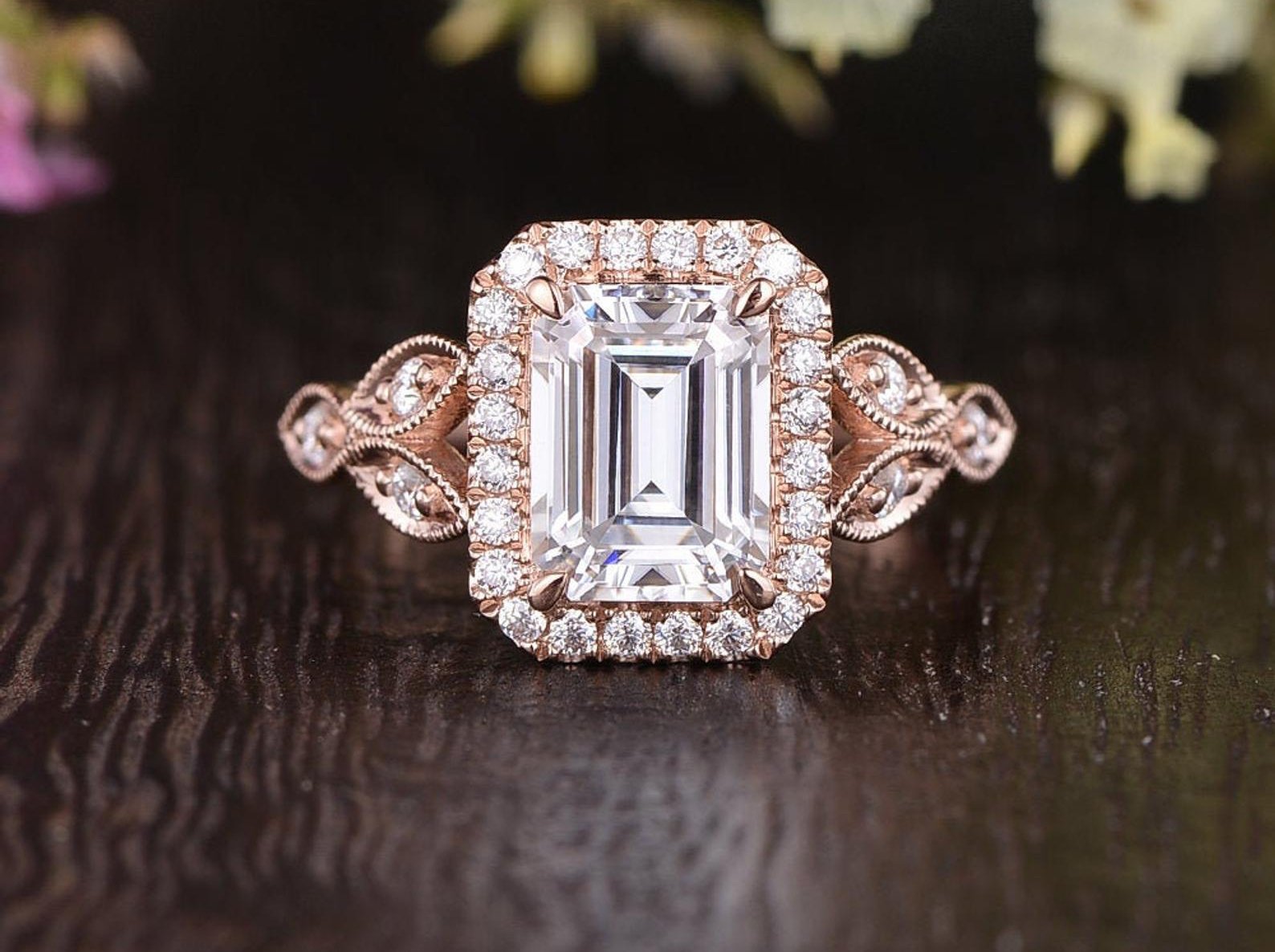 1.0 CT Emerald Cut Halo Moissanite Engagement Ring - Barbara Maison 