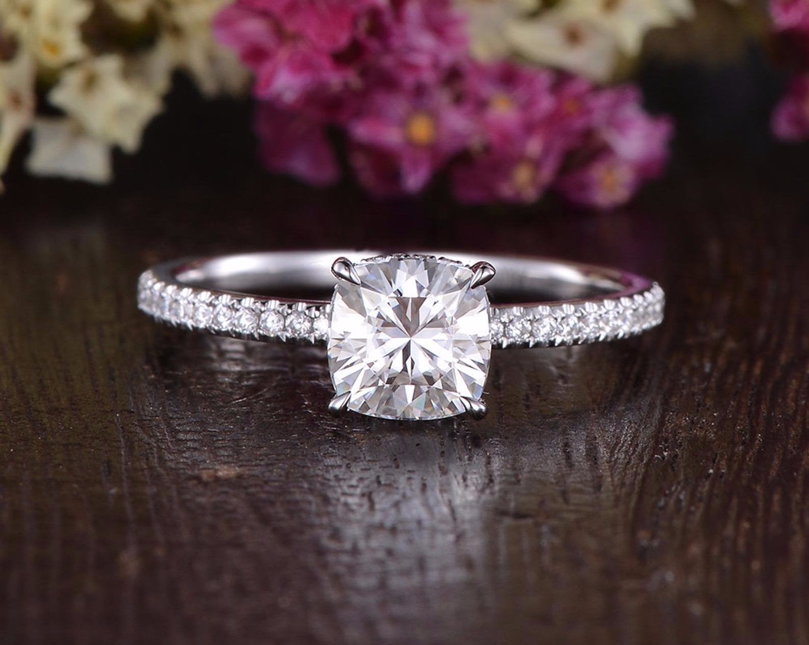 0.75 CT Cushion Hidden Halo Pave Moissanite Engagement Ring - Barbara Maison 