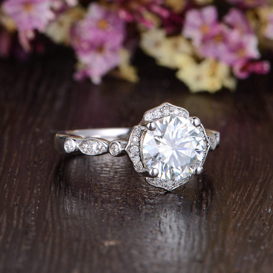 1.60 CT Round Cut Vintage Art Deco Moissanite Engagement Ring - Barbara Maison 
