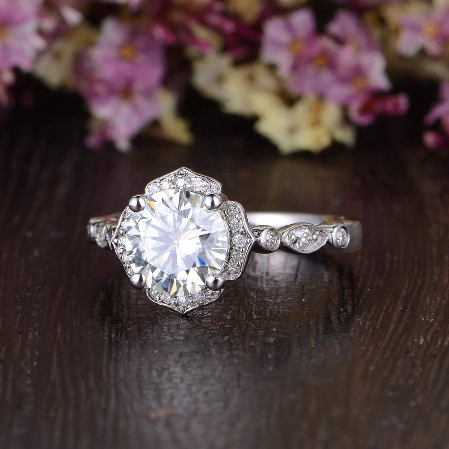 1.60 CT Round Cut Vintage Art Deco Moissanite Engagement Ring - Barbara Maison 