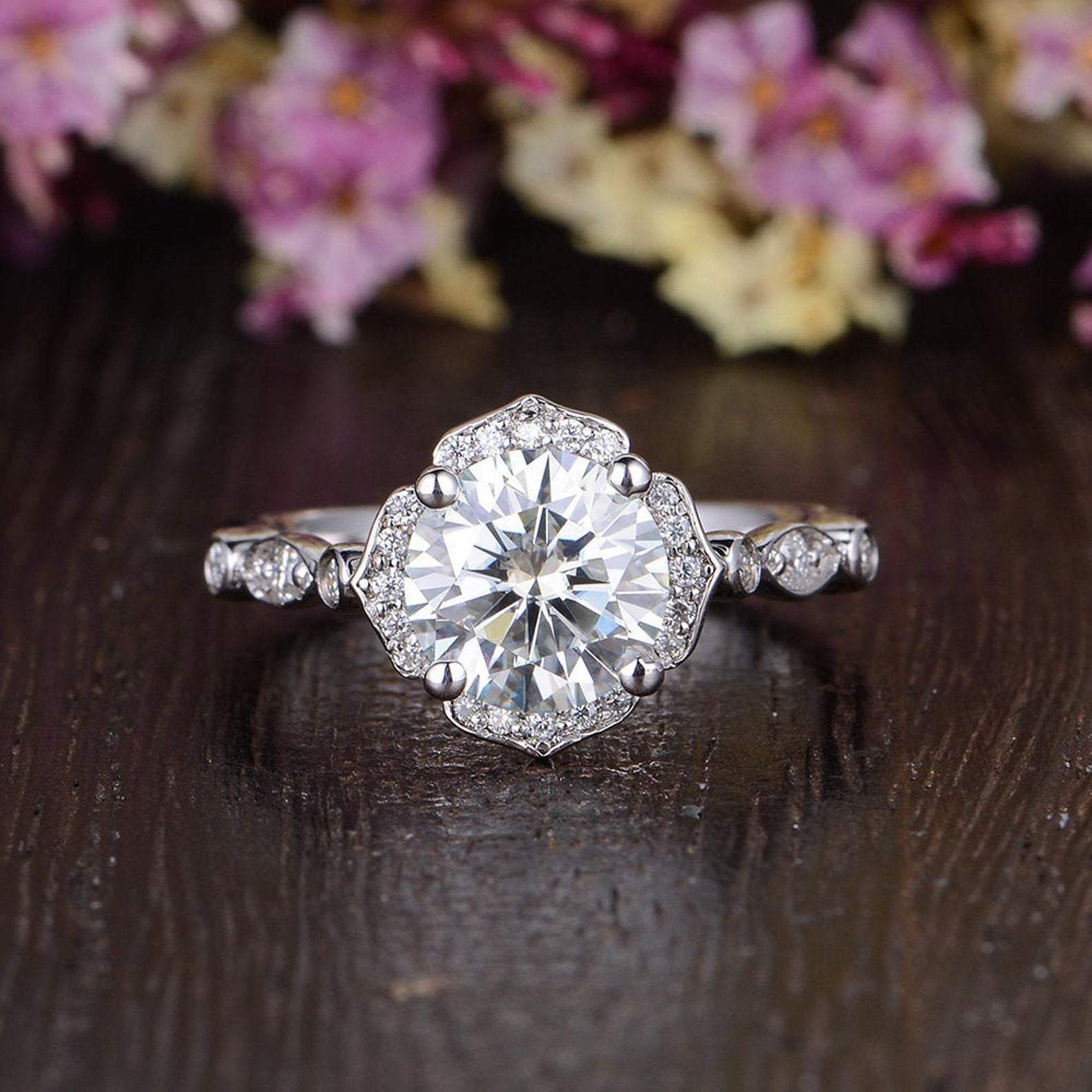 1.60 CT Round Cut Vintage Art Deco Moissanite Engagement Ring - Barbara Maison 