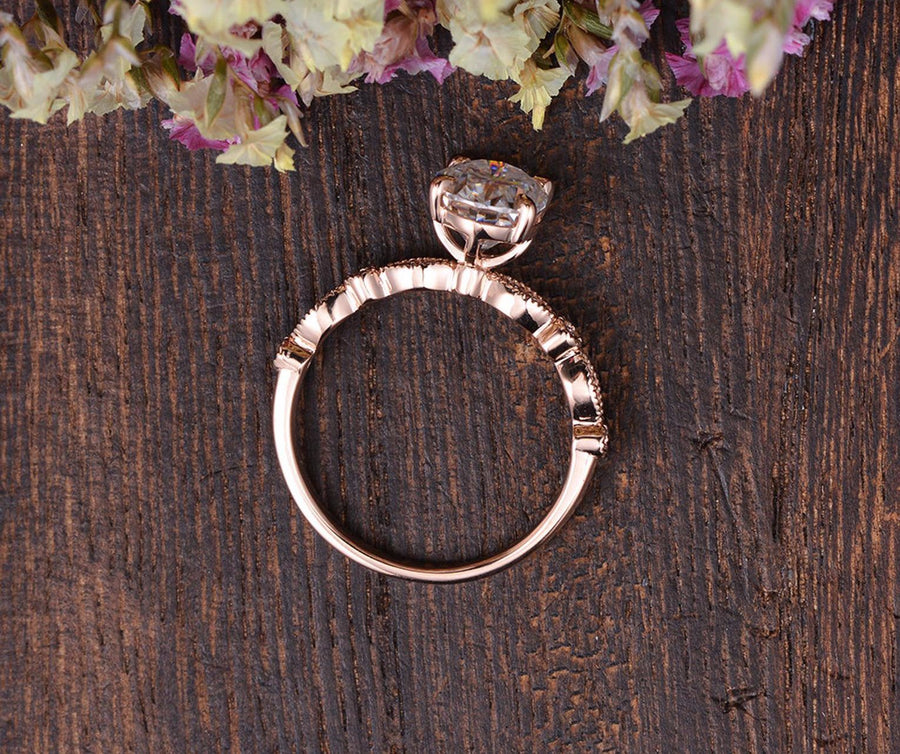 0.75 CT Oval Milgrain Pave Setting Moissanite Engagement Ring - Barbara Maison 