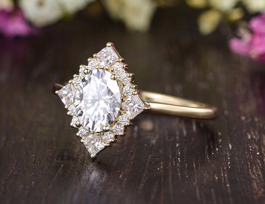 0.75 CT Oval Cluster Halo Moissanite Engagement Ring - Barbara Maison 