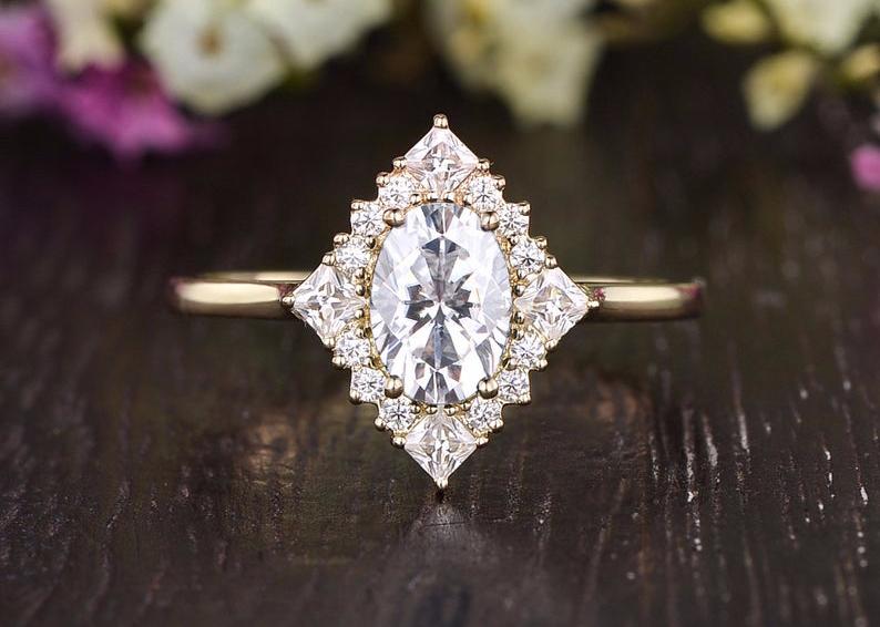 0.75 CT Oval Cluster Halo Moissanite Engagement Ring - Barbara Maison 