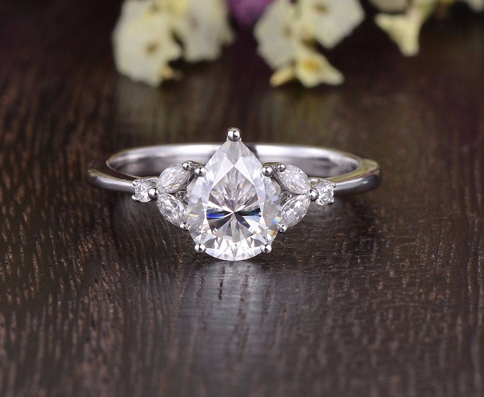 0.75 CT Pear Cluster Moissanite Engagement Ring - Barbara Maison 
