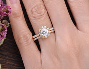 0.75 CT Round Halo Pave Moissanite Bridal Ring Set - Barbara Maison 