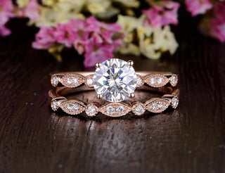 1.0 CT Round Cut Solitaire Milgrain Style Moissanite Bridal Ring Set - Barbara Maison 