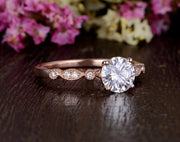 1.35 CT Round Cut Solitaire Milgrain Pave Setting Moissanite Engagement Ring - Barbara Maison 